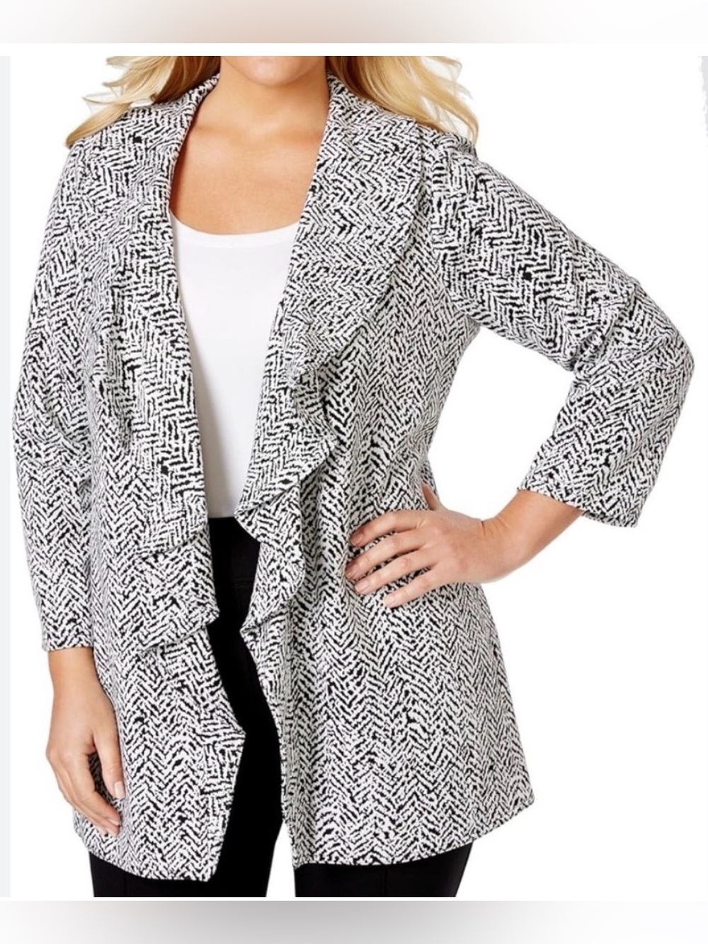 Calvin Klein Black White Geometric Ruffle Front Blazer Size 8